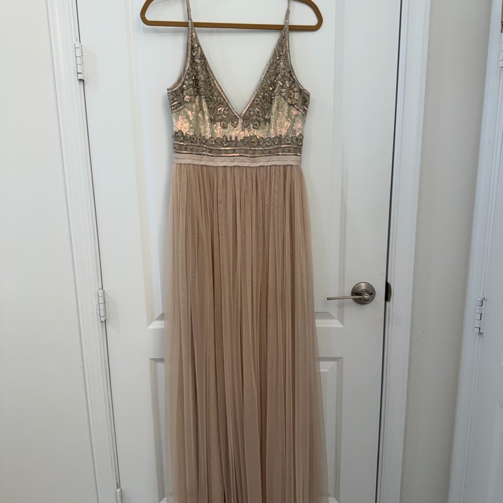 bhldn beaded bridesmaid dress | Dresses | Bhldn Champagnebeaded Vneck Tulle Gown bridal_puffy_sleeves